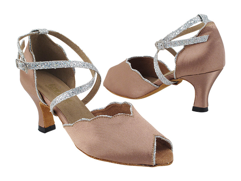 2708 Tan Satin_6 Silver Sparklenet Trim with 2.5&quot; Low Heel (2899) in the photo