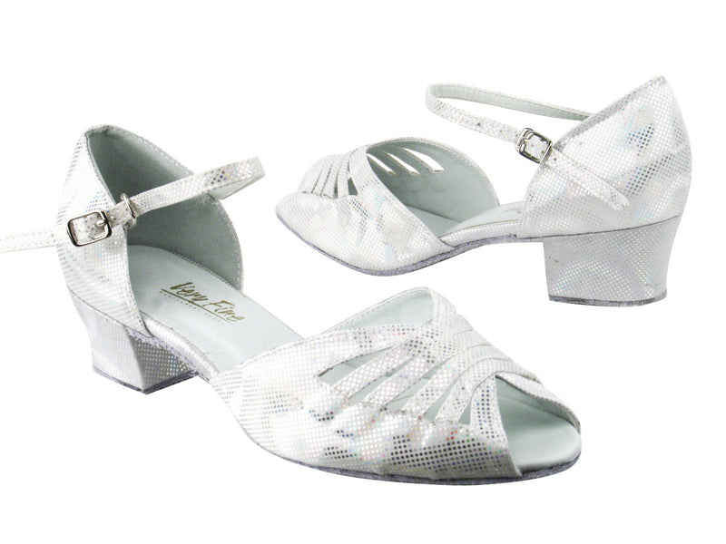 2709 86 Silver Laser Satin with 1.5&quot; medium heel in the photo