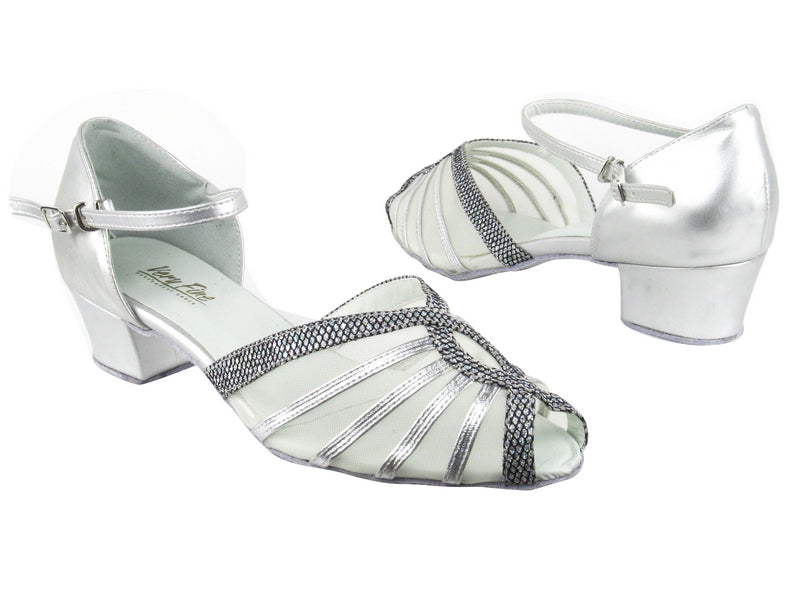 2719 119 Silver PU_97 Black Sparklenet Trim_Flesh Mesh with 1.5&quot; Medium Heel in the photo