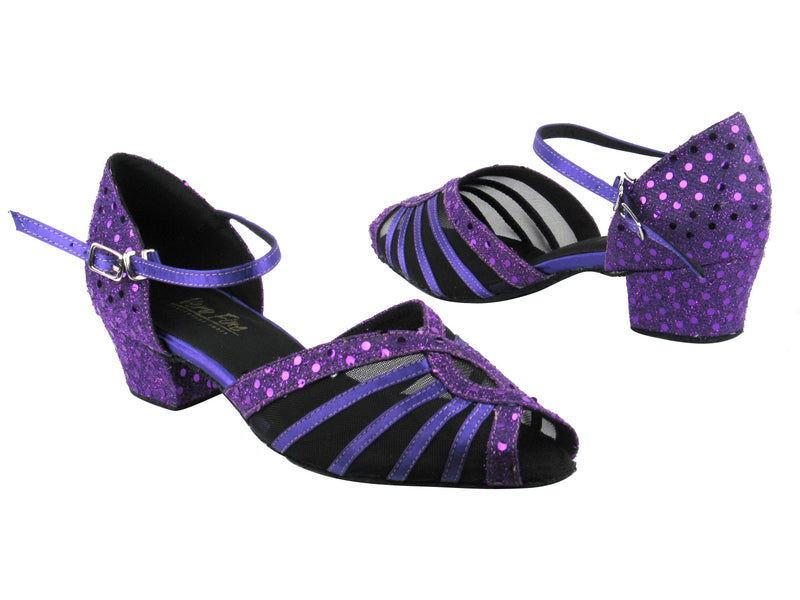 2719 237 Dark Purple Dots_B_T_245 Voilet Satin_S_Black Mesh with 1.5&quot; Medium Heel in the photo