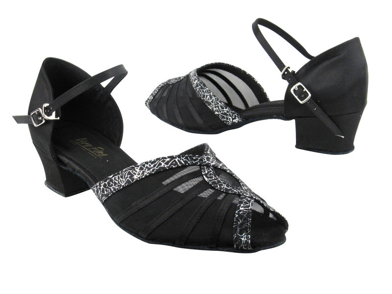 2719 Black Satin_102 Black Flower Satin Trim_Black Mesh with 1.5&quot; medium heel in the photo