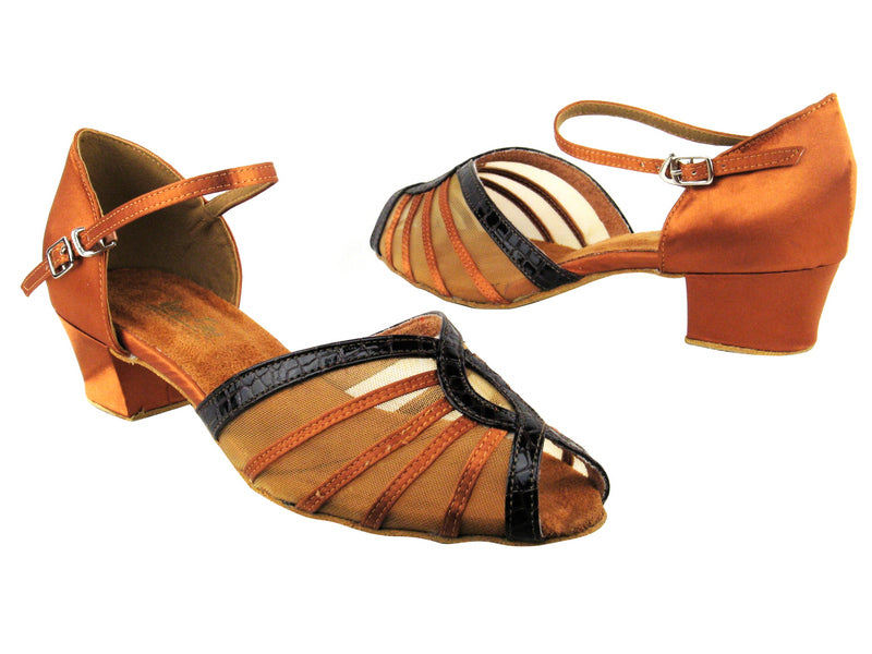 2719 236 Dark Tan Satin_262 Copper PU Trim_201 Tan Mesh with 1.5&quot; Medium Heel in the photo