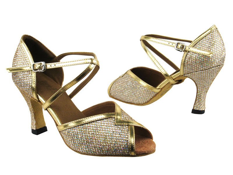 2721 Gold Sparklenet &amp; Gold Leather Trim with 3&quot; Heel in the photo