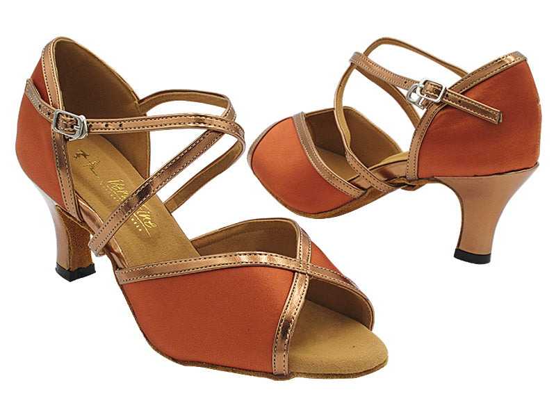 2723 Dark Tan Satin &amp; Dark Tan Gold Trim with 2.5&quot; Heel (2899) in the photo