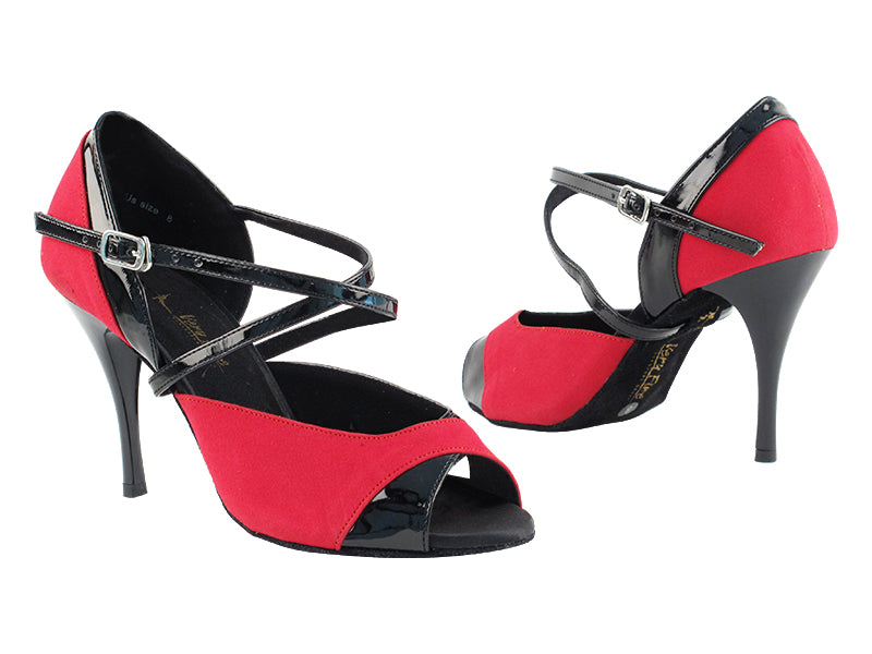 2828LEDSS Red Velvet_Black Patent with 3.5" Stiletto Black Plated Heel in the photo