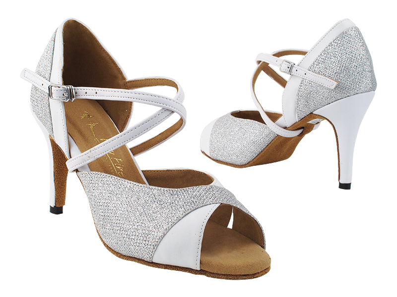 2828LEDSS 105 Glitter Silver Satin_137 White Leather with 3&quot; Stiletto Heel (428) in the photo