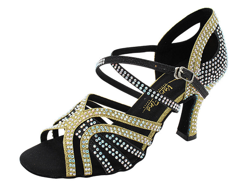 3038Bling Black &amp; Gold Glitter Satin with 3&quot; Heel (6812) in the photo