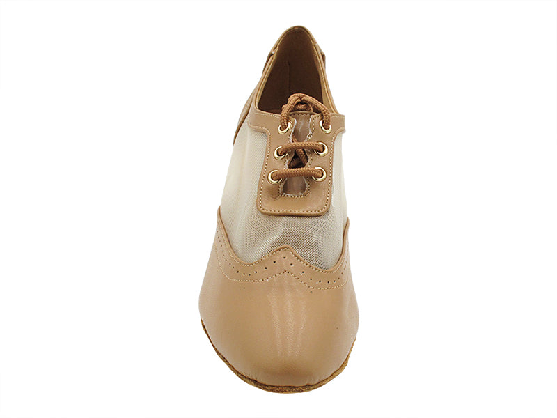 4652LEDSS Beige Brown Leather &amp; Flesh Mesh with 2.2&quot; Thick Cuban Heel (2317) in the photo