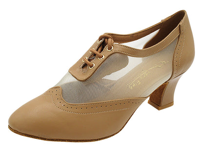 4652LEDSS Beige Brown Leather &amp; Flesh Mesh with 2.2&quot; Thick Cuban Heel (2317) in the photo