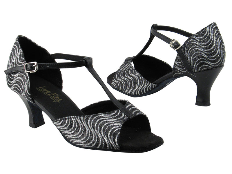 5004 213 Black_Silver Waves Glitter_F_B_Black Leather_T_H with 2.5&quot; low heel in the photo