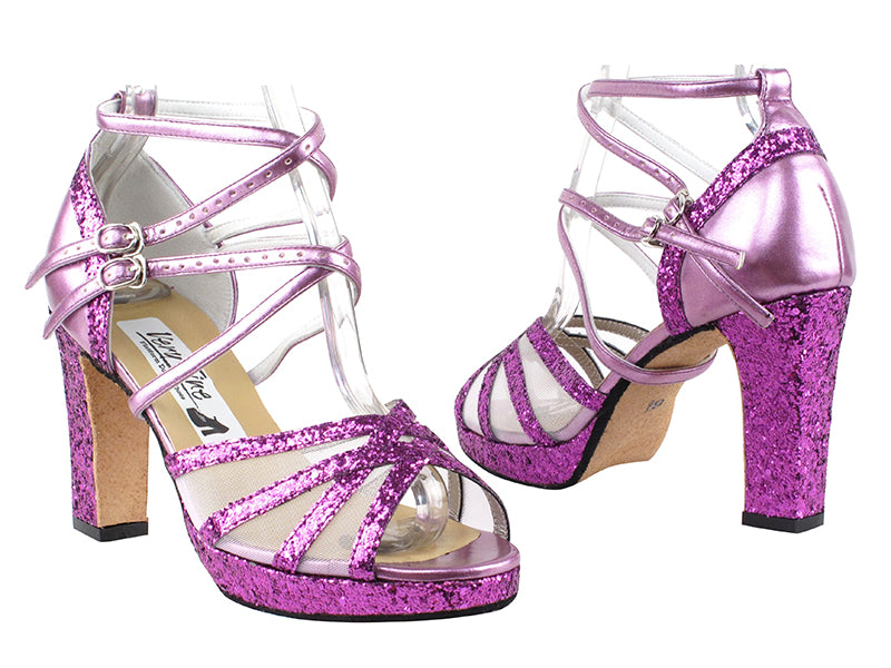 5008MPlatform Purple Sparkle_Purple Leather_White Mesh with 3.75" Square Heel heel in the photo