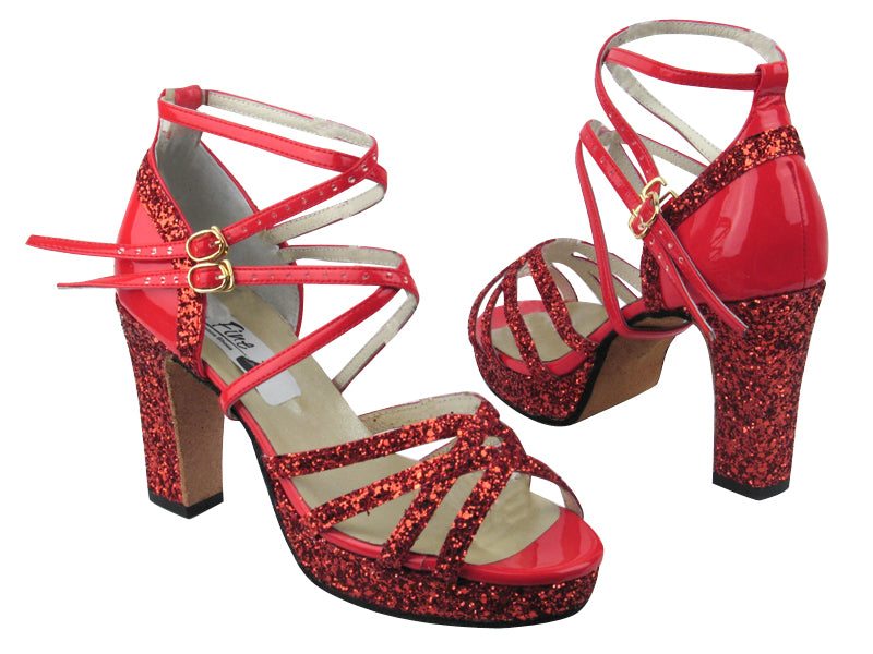 5008MPlatform Red Sparkle_Red Patent (No Mesh) with 3.75" Square Heel heel in the photo