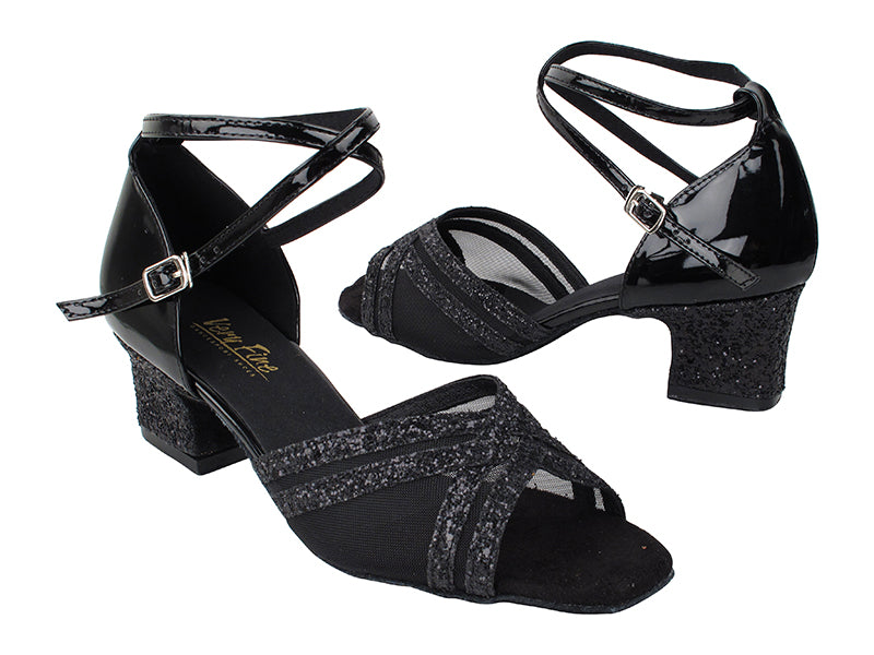 5017 12 Black Sparkle_F_H_58 Black Patent_B_S_Black Mesh with 2 inch Thick Cuban Heel (Heel Code 3149) in the photo