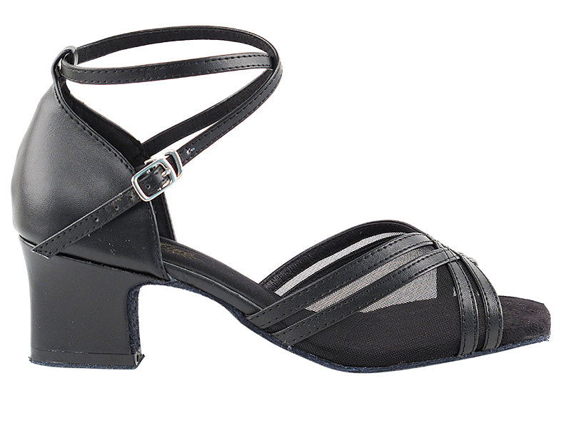 5017 Black Leather &amp; Black Mesh &amp; Thick Cuban Heel