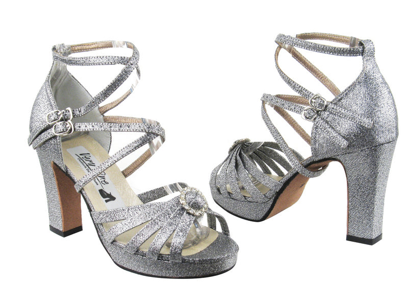 6005DPlatform Black Silver Glitter Satin_Stone_Double Straps with 3.75" Square Heel heel in the photo