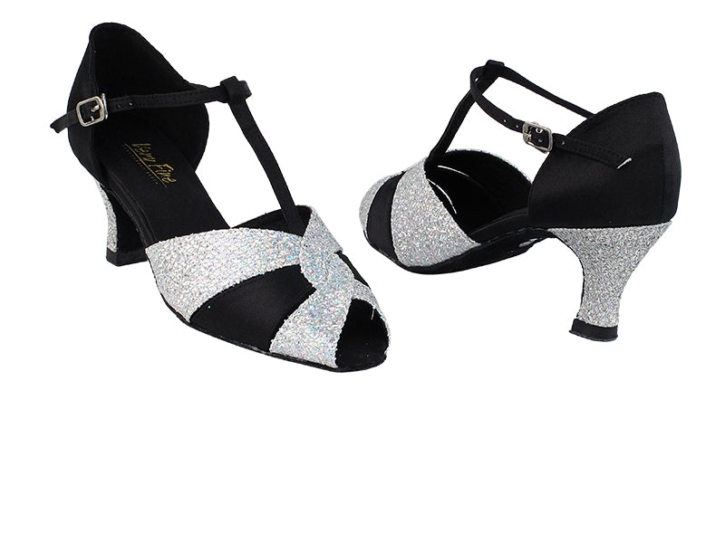 6006 6 Silver Sparklenet_X_H_38 Black Satin with 2.5&quot; Heel in the photo