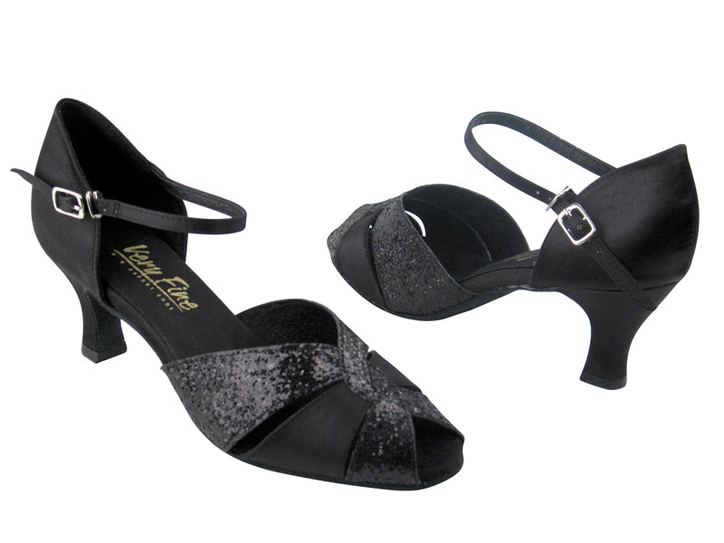 6006 Black Sparkle (X) &amp; Black Satin (Without T Strap) with 2.5&quot; Low Heel in the photo