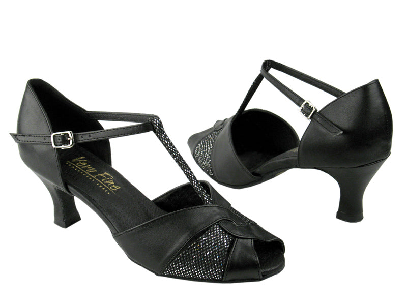 6006 Black Leather &amp; Black Sparklenet with 2.5&quot; Low Heel in the photo