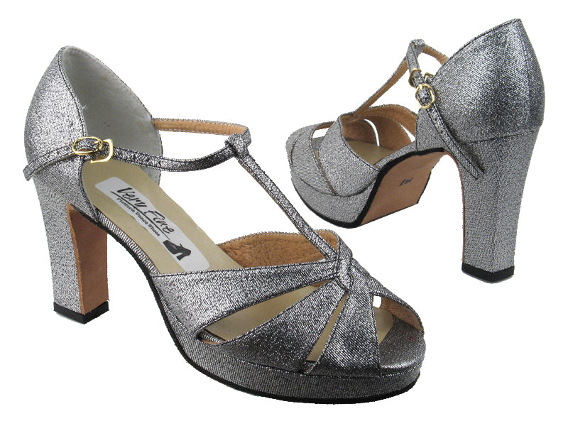 6006Platform Black Silver Glitter Satin with 3.75" Square Heel heel in the photo