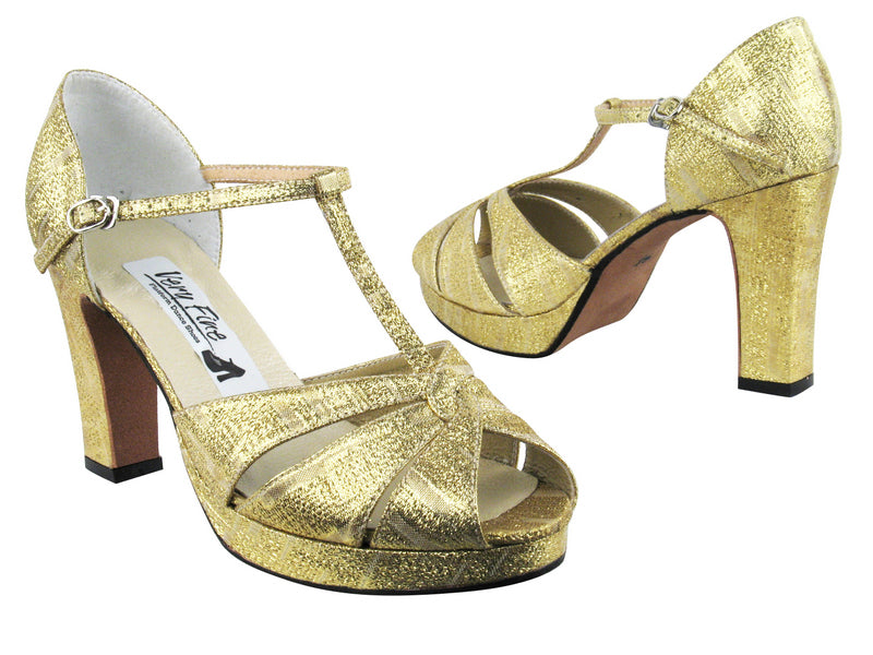 6006Platform Gold Glitter Satin with 3.75&quot; Square Heel heel in the photo