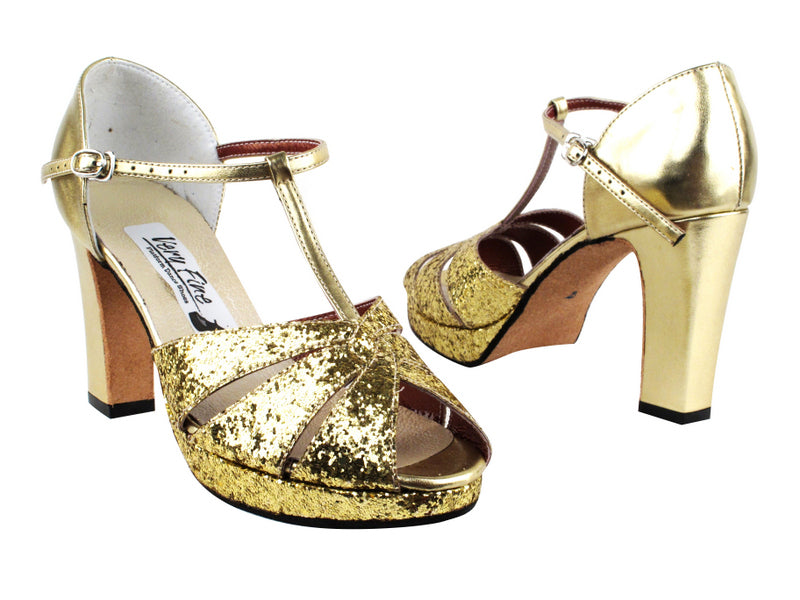 6006Platform Gold Sparkle_F_Gold Leather_B with 3.75" Square Heel heel in the photo