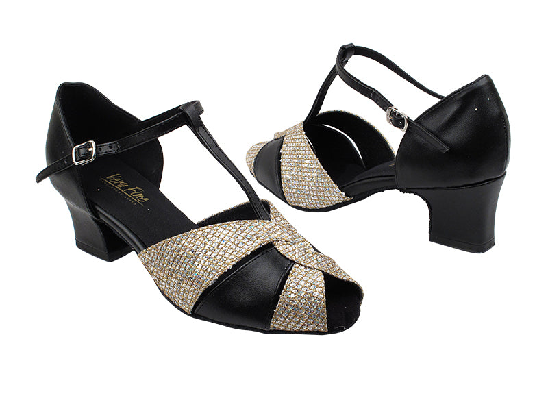 6006 74 Gold Sparklenet_X_Black Leather with 2&quot; Thick Cuban  Heel in the photo