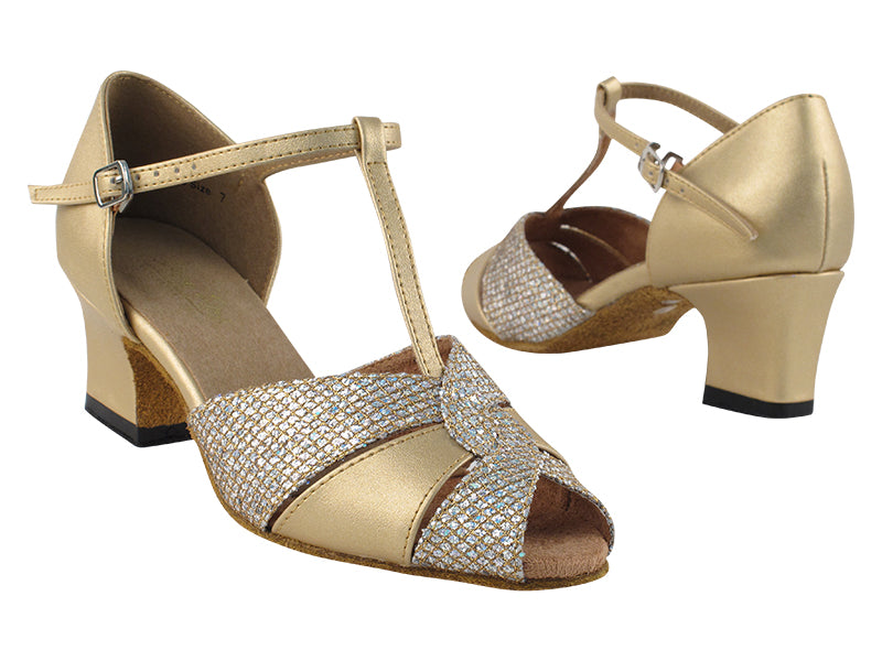 6006 Gold Leather &amp; Gold Sparklenet with 2&quot; Thick Cuban Heel in the photo