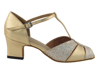 6006 Gold Leather &amp; Gold Sparklenet &amp; Thick Cuban Heel