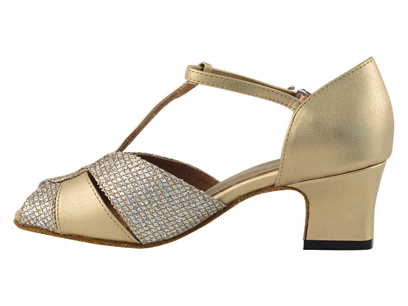 6006 Gold Leather &amp; Gold Sparklenet &amp; Thick Cuban Heel