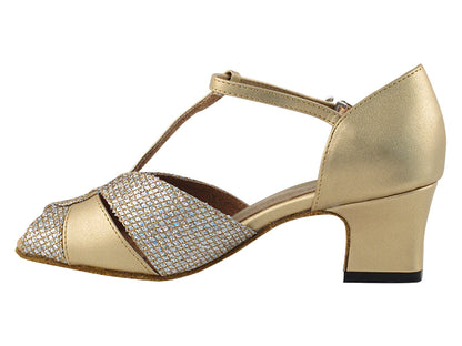 6006 Gold Leather &amp; Gold Sparklenet &amp; Thick Cuban Heel