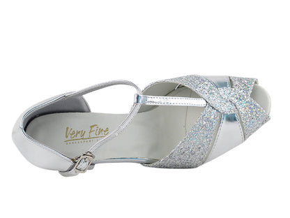 6006 Silver Leather &amp; Silver Sparklenet with 2" Thick Cuban Heel in the photo