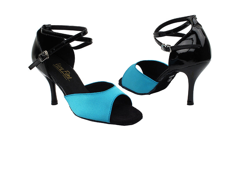 6012 230 Light Blue Satin_F_59 Black Patent PU_B with 3&quot; Black Plated Heel in the photo