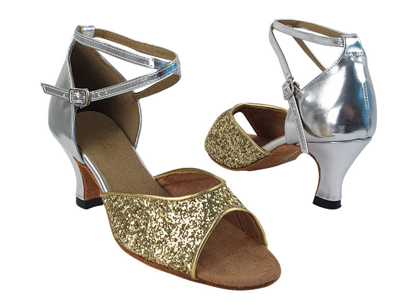 6012 9 Gold Sparkle_F_55 Silver PU_B with 2899_2.5 inch Low Heel in the photo