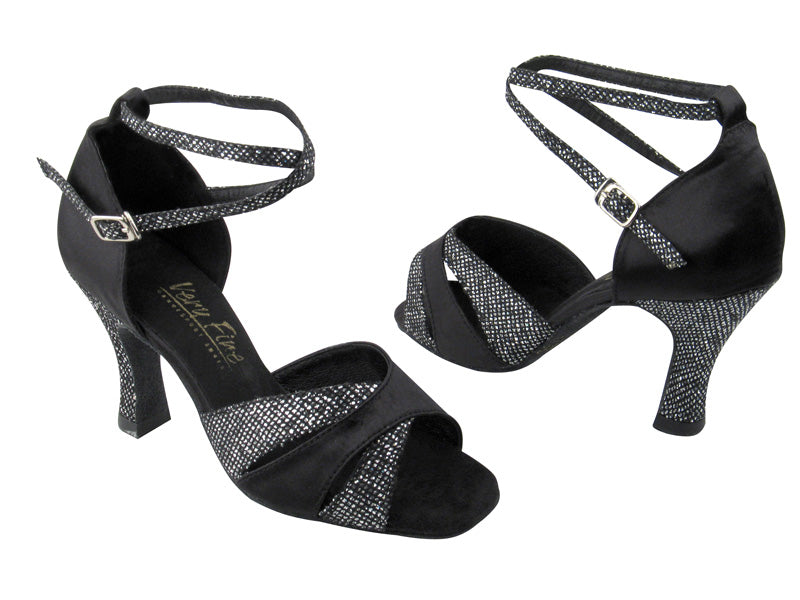 6016 Black Sparklenet (S&amp;H) &amp; Black Satin &amp; 2701 BackStrap without T strap with 3&quot; Heel in the photo