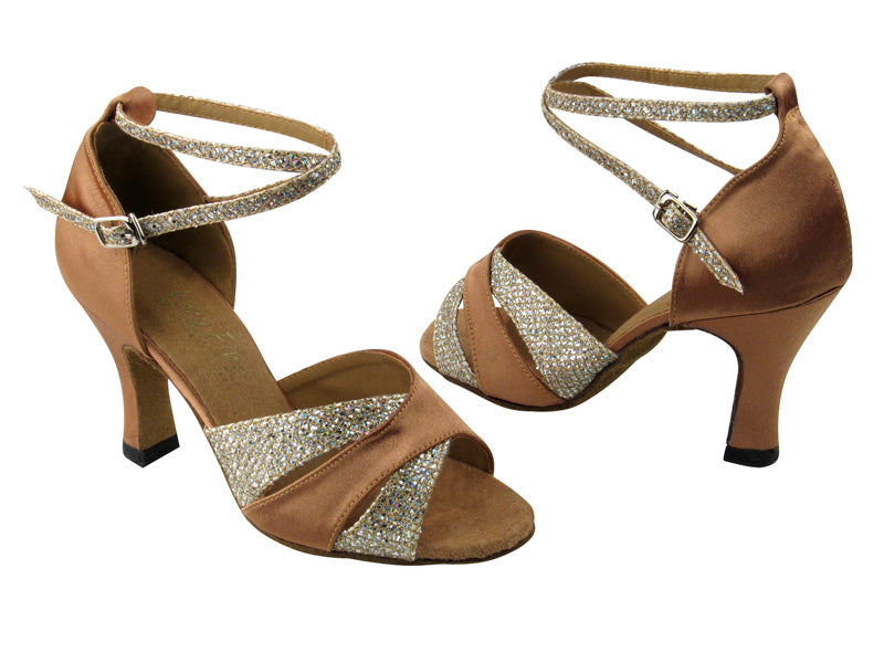 6016 Gold Sparklenet (S) &amp; Brown Satin (H) &amp; 2701 BackStrap without T strap with 3&quot; Heel in the photo