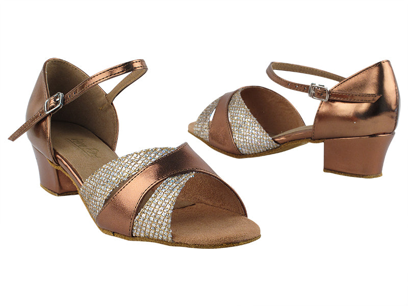 6016 74 Gold Sparklenet_171 Dark Tan Gold PU without T Strap 1.5&quot; Medium Heel in the photo
