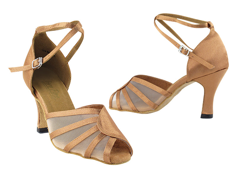 6018 Brown Satin &amp; Flesh Mesh with 3" Heel in the photo