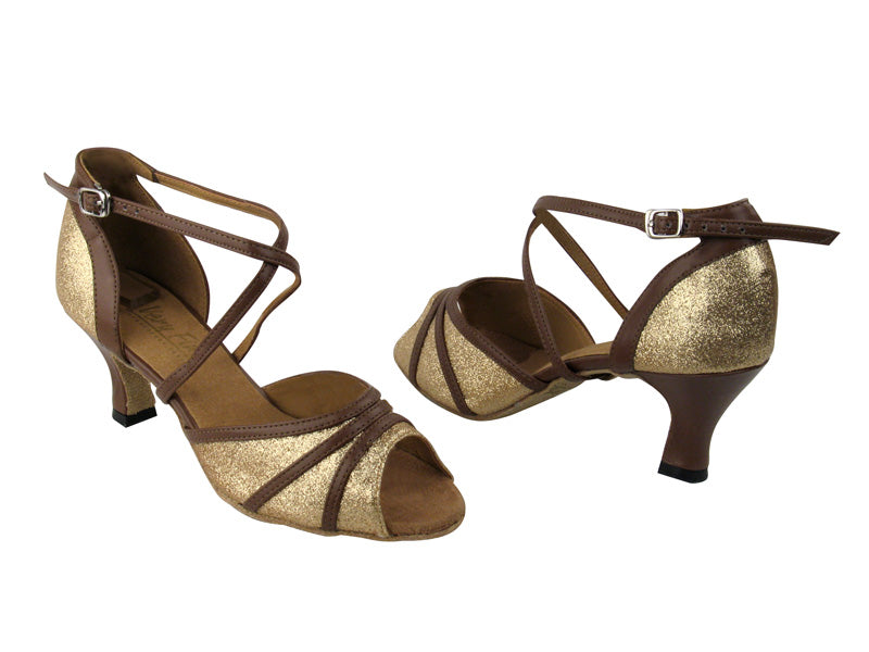 6023 Gold Stardust &amp; Coffee Brown Trim with 2.5&quot; Low Heel in the photo