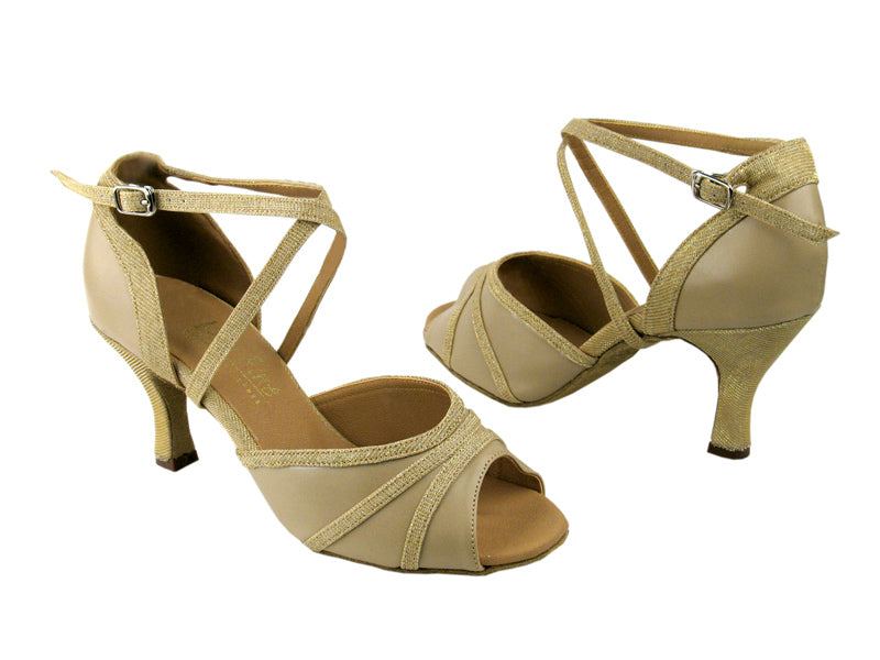 6023 Tan Leather &amp; 106 Gold with 2.75&quot; Low Heel in the photo