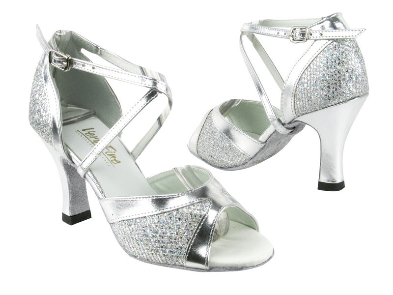 6024F 6 Silver Sparklenet_Silver Leather Trim_6023 BackStrap with 3&quot; heel in the photo