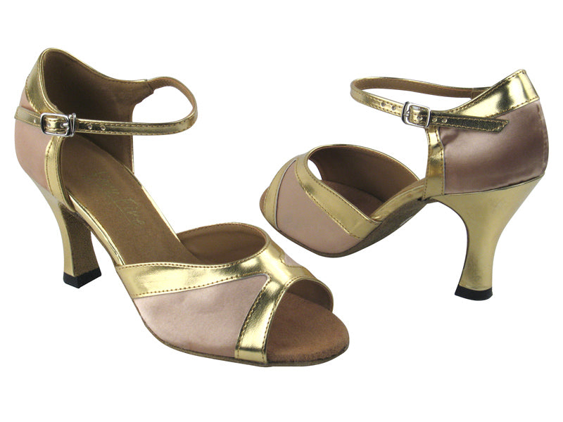 6024 Flesh Satin &amp; Gold Leather Trim with 3&quot; Heel in the photo