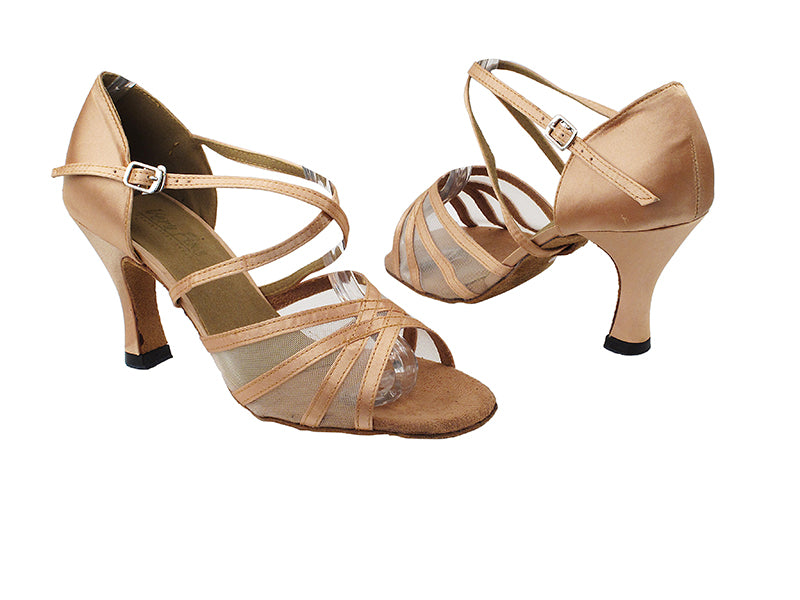 1605 Light Brown Satin &amp; Flesh Mesh with 3&quot; Heel in the photo