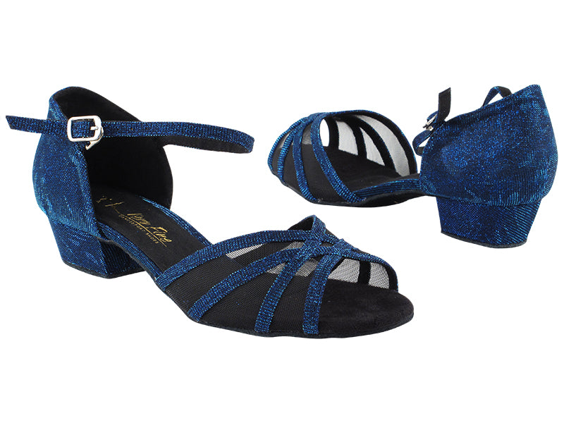 6027FT Blue Glitter Satin_Black Mesh with 1&quot; Flat Heel in the photo