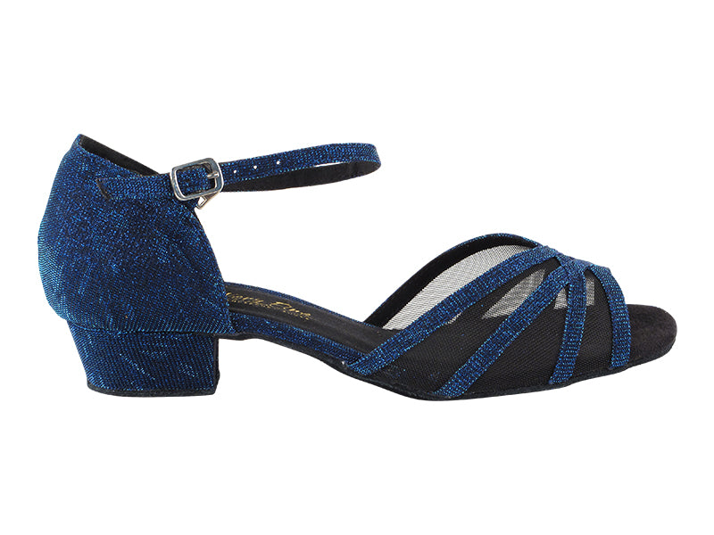 6027FT Blue Glitter Satin_Black Mesh with 1&quot; Flat Heel in the photo