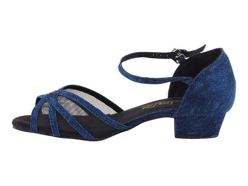 6027FT Blue Glitter Satin_Black Mesh with 1&quot; Flat Heel in the photo