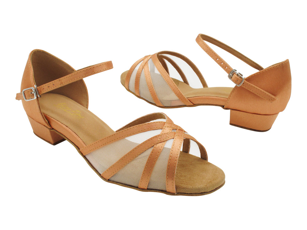 6027FT 193 Tan Satin &amp; Flesh Mesh with 1" Flat Heel in the photo