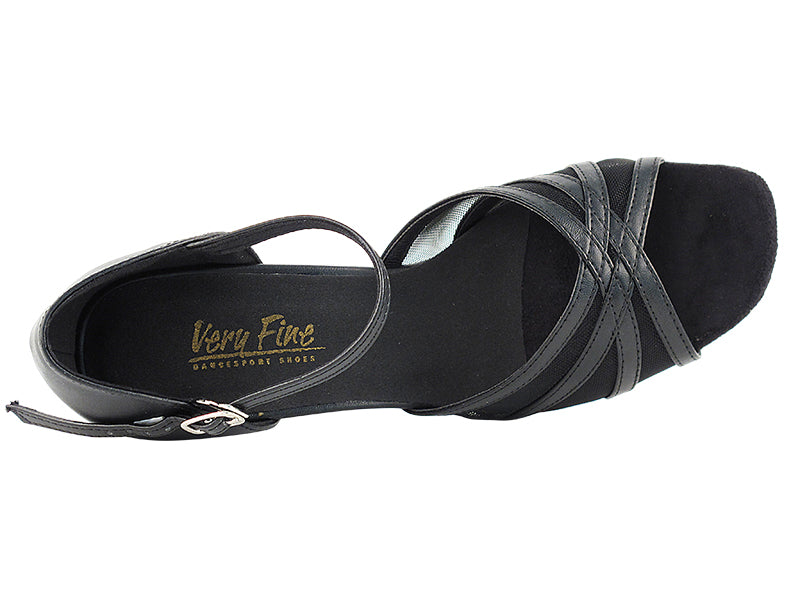 6027 Black Leather &amp; Black Mesh &amp; Thick Cuban Heel