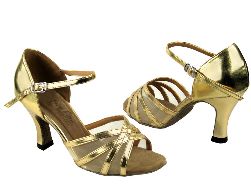 6027 Gold Leather &amp; Flesh Mesh with 3" Heel in the photo