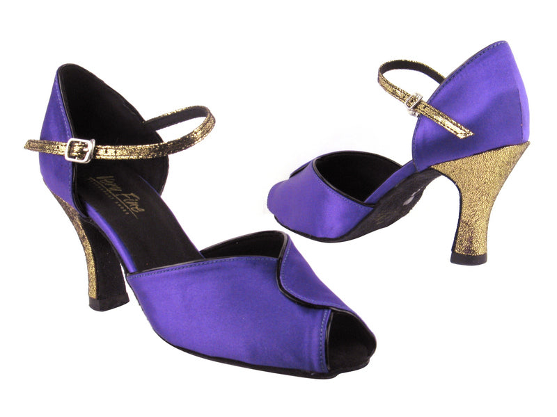 6028 245 Voilet Satin_Black Patent Trim_242 Laser Gold S_H with 3&quot; Heel in the photo