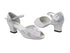 6028 56 Silver Laser Satin with 2" Thick Cuban Heel in the photo